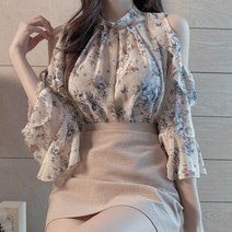 여성 오픈숄더티 오프숄더 블라우스 프릴쉬폰 하늘비즈 C31 U445B651