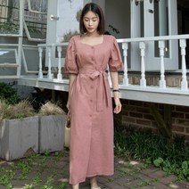 화이트폭스 린넨퍼프스트랩버튼롱원피스