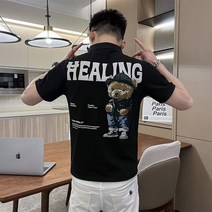 트렌드 곰돌이 프린트 반팔 티셔츠 남성 반팔 하이넥 트렌드 캐주얼 코디