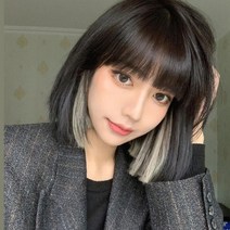 금발 시크릿 단발 통 염색 애쉬 투톤 보브컷 숏단발 전체 가발 중단발 그레이, 브라운투톤-에쉬그레이