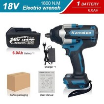 Kamolee1800 NM 하이 토크 90Ah 9000mAh 브러시리스 전기 임팩트 렌치 마끼다 18V 배터리용, UK+One6.0AH BAT Carton
