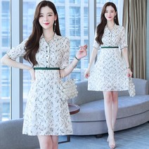 모던 양기 플라워 원피스 여고 5부 소매 여성 스커트