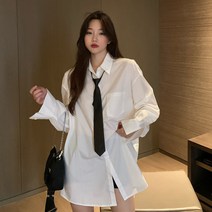카라넥 하프기장 달콤하고 쿨한 바람 여성 일찍이 봄 2023 넥타이 카라셔츠 와이드 루즈핏 화이트 긴 4992510764