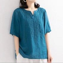 하젤 체린 브이넥 자수 린넨 블라우스_M1255