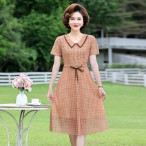 인견 중년 여름 원피스 엄마 여름 반팔 중 여성 넥타이 허리 중 노인 서양식 물방울 무늬 쉬폰 스커트