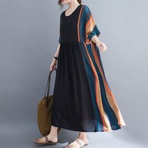 라엔 여성 블루 라운드넥 오렌지 스트라이프 여름 반팔 빅사이즈 원피스