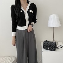 VANANA2 여성 페미닌 데일리 오피스 단추 배색 브이넥 가디건