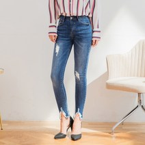 진마니아 여자 스키니 블루 리얼헤짐V컷팅 스판 바지 빅사이즈
