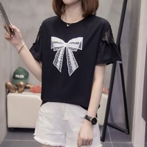 바비썬 F890 리본레이스 여성 예쁜 티셔츠(~4XL까지) 여자 여름 루즈핏 빅사이즈 티셔츠