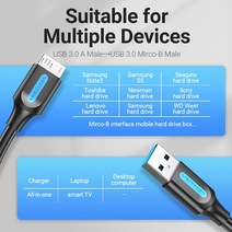 Vention 외장 하드 드라이브 케이블 마이크로 B 3.0 고속 충전 3A 5Gbps 데이터 삼성 호환 디스크 ssd용 Sa, 02 0.5m