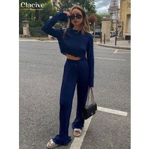 여성정장브랜드 트위드셋업 Clacive 패션 긴 소매 티셔츠 두 조각 세트 블루 주름