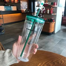 해외스타벅스 컵 20oz 여름 클래식 투명 녹색 이중 유리 빨대컵 텀블러 591ml, AR