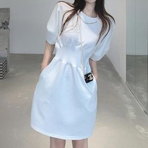 라운드넥 화이트 데일리 반팔 원피스 허리 소매 밴딩 여대생원피스 학생원피스 허리라인원피스, 블랙