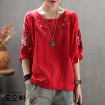 도오빠 여성 린넨 블라우스 여자 여름 셔츠 루즈핏 데일리 Free 빅사이즈 프릴 반팔 자수 스티치 에스닉 레트로 라운드 캐주얼 이지룩