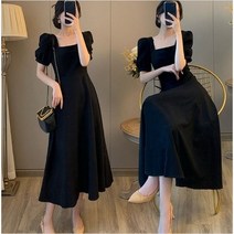 벌룬소매 스퀘어넥 블랙 롱 원피스