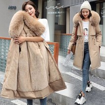 온풍기겨울 자켓 2022 새로운 여성 파카 의류 롱 코트 울 라이너 후드 모피 칼라 두꺼운 따뜻한 스노우웨어, 04 Khaki_05 XXXL