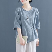 여성 여름 무지 티셔츠 프린트 면 마 블라우스 반팔티 언발SFW0307013