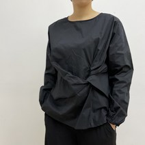 라운드넥 바스락 볼륨 꼬임 블라우스 긴팔 티셔츠 블랙