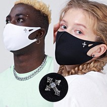 LXP579 구리나노섬유 반영구 항균 패션마스크 순은(100%) 피어싱 5종 (리미티드 에디션), 크로스(십자가) 은장식 블랙, L (성인 여성&남성)