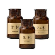 [휴림] 편백나무 피톤치드 디퓨져 세트 150ml 리필+미니 에센셜오일 편백나무 큐브칩 편백나무 트리나무 스틱 / 편백수 탈취제 방향제 곰팡이냄세제거 새집증후군 집들이선물세트, 대입구 갈색시약병 유리병 디퓨져병 3개