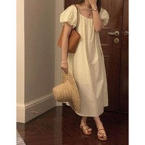복고풍 스퀘어 칼라 퍼프 소매 원피스