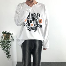 쏘시크 남자 오버핏 플라워 레터링 프린터 라운드 긴팔 티셔츠