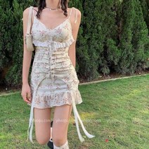 여성 민소매 드레스 v넥 캐주얼 Sundress 세련된 꽃무늬 스위트 카와이 프릴 러블리 엠파이어 디자인 슬림 드레스