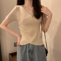 HONGKANG 브이넥 니트 반팔 티셔츠 여하