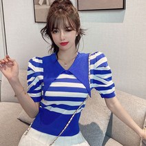 메이킹유 반팔 카라넥 어깨퍼프 스트라이프 A642듀란니트