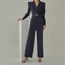 브이넥 정장 벨티드 퍼프 스트라이프 와이드 점프슈트