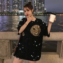 스팽글니트 스팽글티 크롭티 반짝이티 Neploe-루즈핏 스팽글 블랙 티셔츠 스위트 스타일 O 넥 웃는 얼굴