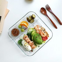 다인몰 내열 강화유리 나눔접시 그릇 2size 식판 칸칸접시 4절 유리접시 1인반찬 사각 구분접시 나눔접시대 식기세척기 오븐 렌지용 미니식판 분리 찬기 트레이 혼밥 혼술, L (10인치)