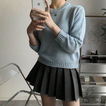 오오엘 여성용 심플 베이직 데일리 파스텔 크롭 라운드 니트