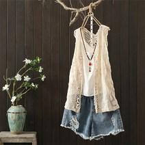 나시 순면 코바늘 갈고리 펀칭 민소매 조끼 여성아티컬 복고 상의 여름레저 작은카디건