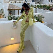 지컷스커트 스커트 프린트 메쉬 긴 소매 탑 셔츠 그린 맥시 바디콘 한 투피스 세트 비치 의상 여성 클럽