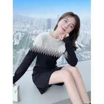 SJW 봄가을 미니 니트원피스 여성 그라데이션 지그재그 배색 슬림핏 빅사이즈 스웨터