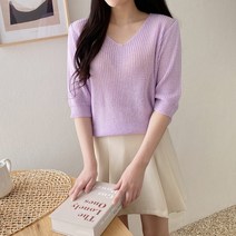 파트투 V넥 니트 브이넥 여성 봄 여자 반팔티셔츠 7부소매