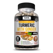 Kaya Naturals - 강황 커큐민 표준화 - 강황 생강 보충제 - 높은 흡수를 위한 생강 및 바이오페린이 함유된 비건 관절 지지대 - 천연 커큐민 1300mg 분량 - 60정, 60 Count
