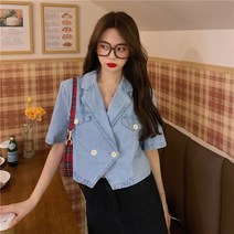 여성 퍼프 소매 청 데님 캐주얼 크롭 숏 자켓