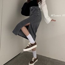 롱데님 나들이 빅사이즈 데님 스커트 사이드 진청 봄 데일리 제주도패션 뒷트임 라인 연청