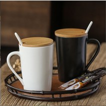 세븐프리 롱 심플 원목 뚜껑 스푼 머그컵 400ml, 블랙