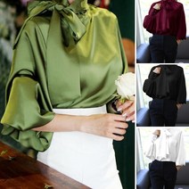 가을 여성 새틴 실크 블라우스 나비 넥타이 랜턴 긴 소매 우아한 캐주얼 오피스 셔츠