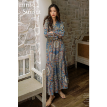 델루나 보헤미안 패턴 랩스타일 브이넥 롱원피스