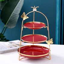 뷰티 살롱 플레이팅 트레이 고급 과일 접시 거실 사탕 프론트 데스크 스낵 핑거푸드, 3층 레드 스낵 랙+포크 6 개