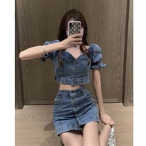 청청 세트 데님 스커트 청셋업 치마 크롭 청자켓 투피스 코디 패션 상하 봄 가을