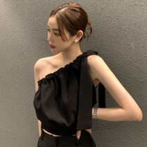 셔링 사선넥 스트랩 원숄더 오프숄더 크롭 블라우스