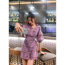랩 셔링 체크 프릴 러플 언발 브이넥 플레어 여름 셔츠 원피스