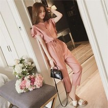 꽃소담 여성 쉬폰 반팔 슬랙스 밴딩 점프수트 원피스 QQA1420