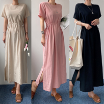 [에이스토리] 베이직 심플 린넨 트임 롱 원피스