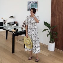데일리비주] 당일배송 네이비 달마시안 원피스 루즈핏 빅사이즈 임산부 도트 땡땡이 퍼프소매 여름 여성 워킹맘 맘룩